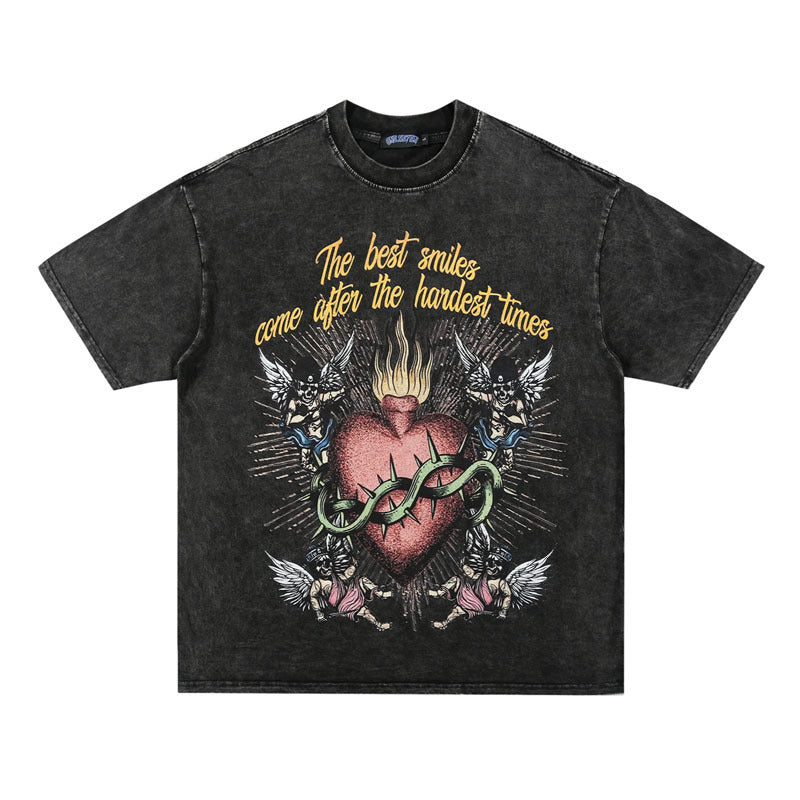 Thorned Heart Washed Old Print T-shirt