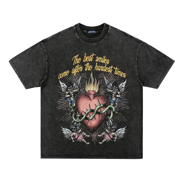 Thorned Heart Washed Old Print T-shirt