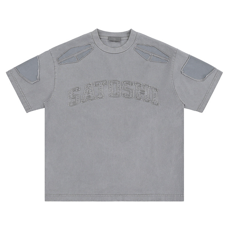 Satoshi Street Wash Retro Embroidery Stitching T-shirt