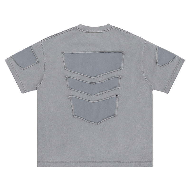 Satoshi Street Wash Retro Embroidery Stitching T-shirt